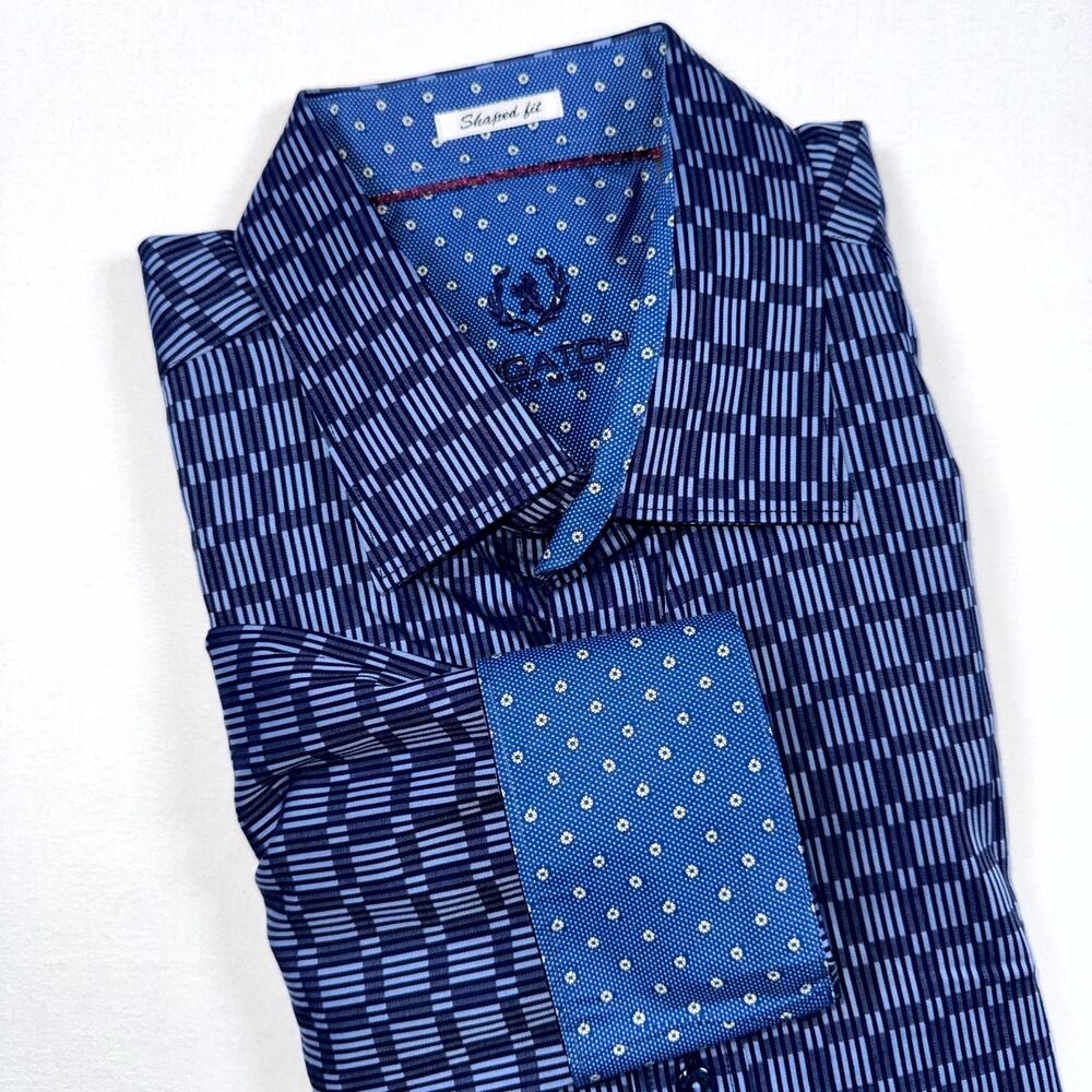 Bugatchi Shaped Fit Shirt Men Large Blue Geometric 100% Cotton Button-Up Classic
